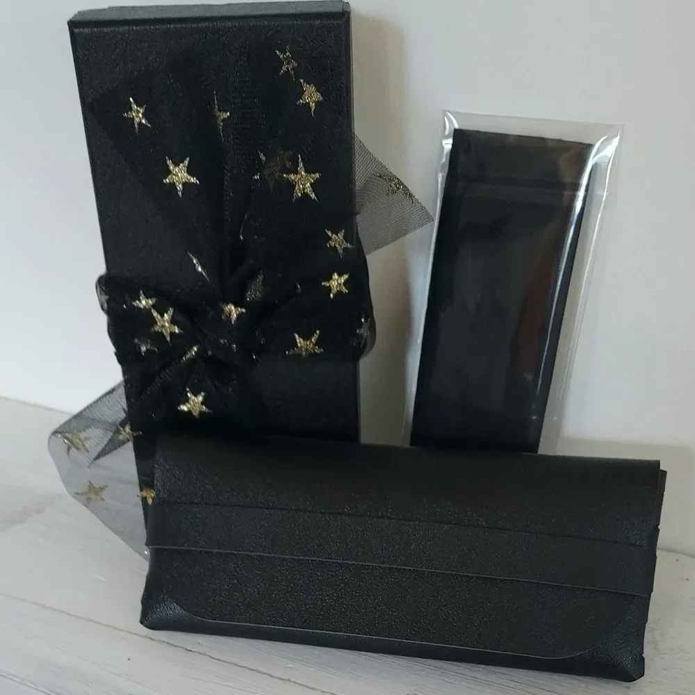 Black Faux Leather Eyeglass Case With Cleansing Cloth And Gift Box